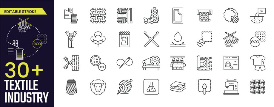 Textile Industry Stroke icon collections. Containing sewing, fabric, industry, machine, fashion, fiber, wool, and business icons. Editable Stroke icon collection Outline icon