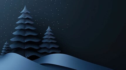 A blue background with two trees and a snow-covered hill