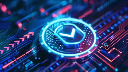 Fototapeta premium Glowing Cyberpunk Inspired Digital Circuit Board Interface with Neon Accents and Abstract Patterns High tech futuristic 3D rendered background with luminous electronic components intricate circuitry