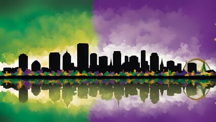New orleans skyline silhouette surrounded by vibrant mardi gras colors of green purple and gold, Ai Generated