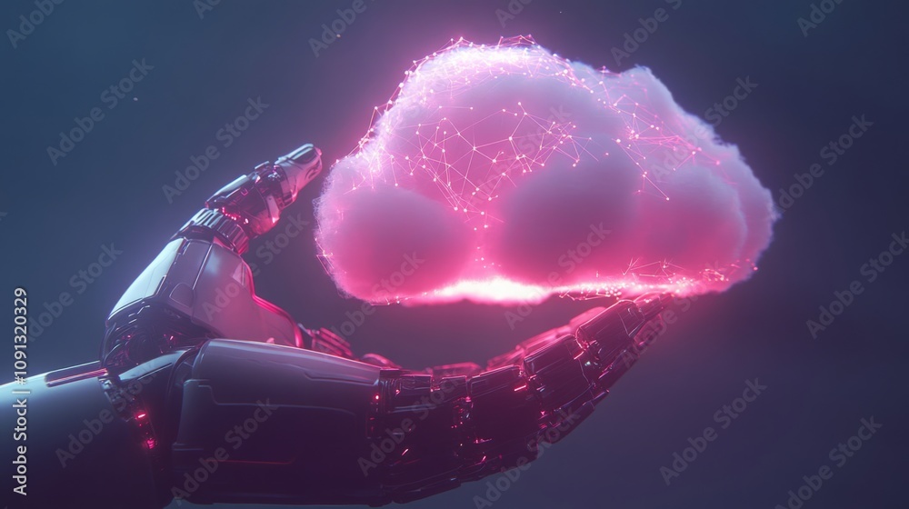 Poster a futuristic robotic hand delicately cradles a vibrant cloud illuminated with glowing connections. t
