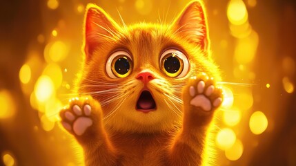 Surprised cat with wide eyes and raised paws against a shimmering golden background, capturing a moment of humor and shock.