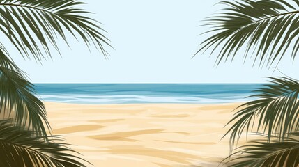 Obraz premium Expansive tropical beach scene showcasing golden sands and softly blurred palm fronds, perfect for summer-themed designs and banners.