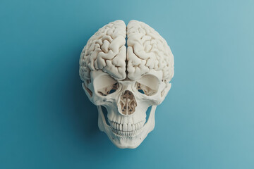 Realistic 3D Illustration of a Human Brain Inside a Skeleton Skull on a Soft Blue Background Displaying Intricate Details in Neural Structure