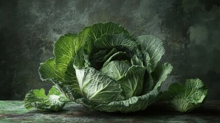 Fototapeta premium Fresh, vibrant cabbage resting on a textured surface, showcasing its intricate leaves and deep green color, perfect for culinary displays and healthy meals.