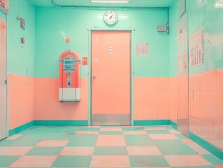 A retro-styled hallway featuring a clock and a vintage payphone.