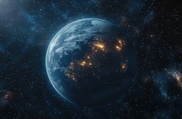 Obraz premium Stunning View of Earth from Space at Night with Glowing City Lights and Twinkling Stars Against a Deep Cosmic Background