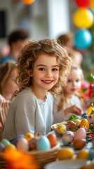 Fototapeta premium Colorful Easter Egg Hunt Celebration: Happy Kids Discover Hidden Treasure