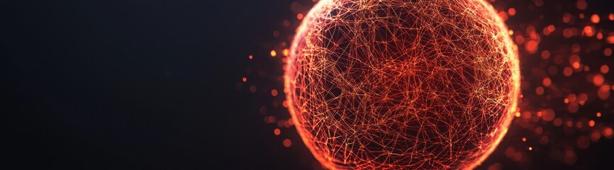 A glowing red orb surrounded by particles, evoking a cosmic or digital theme, set against a dark background.