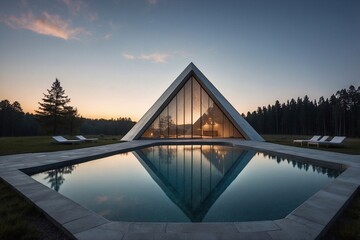 Fototapeta premium Modern Triangular Building with Pool in Front Against a Clear Evening Sky and Striking Lighting