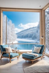 Fototapeta premium Living Room with Modern Furniture and Large Window Overlooking a Snowy Forest and River
