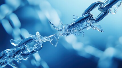 Fragmenting chain in deep blue with ice crystals breaking