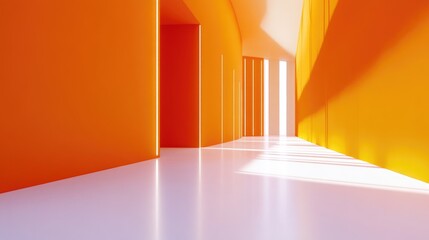 Vibrant orange walls in a modern hallway with sleek white flooring and natural light creating dynamic shadows and architectural depth.