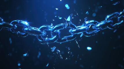 Blue-lit chain breaks with scattering crystal shards