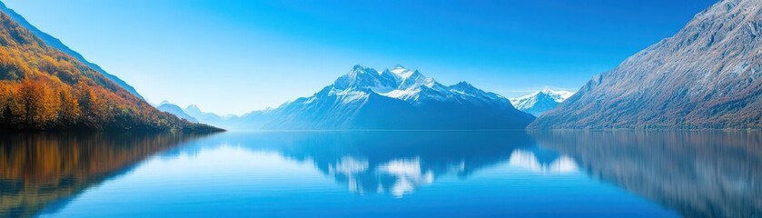 Obraz premium Snowcapped mountains reflecting in a crystalclear lake serenity majesty selective focus alpine scenery ethereal Composite