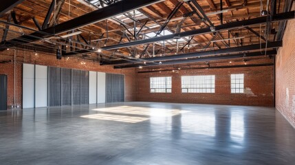 Naklejka premium Spacious industrial interior with exposed beams and natural light.