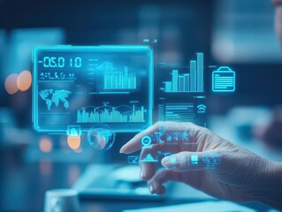 Fototapeta premium Smart finance assistant, retirement budget hologram, clean digital workspace