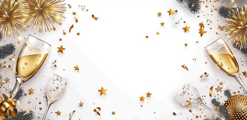 celebrate 2025 fireworks with glittering numbers against sparkling bokeh background, new years eve, closeup, photorealistic, Glasses of champagne with splash, celebration theme. Celebrating New Year's
