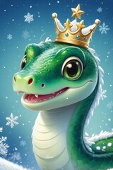 Cute Green Snake with a Crown and a Playful Smile, Inspired by Christmas with Snowflakes