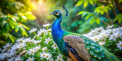 Naklejka premium Peacock in a Garden of White Flowers, Wildlife Photography, Nature , Peacock