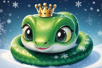 Cute Green Snake with a Crown and a Playful Smile, Inspired by Christmas with Snowflakes