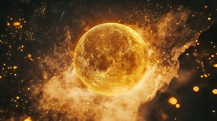 Obraz premium Colorful fireworks with a golden supermoon illuminating the background, capturing the beauty of a night celebration.