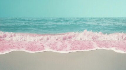 Serene beach vista with gentle pink waves caressing soft grey sand, all under a vibrant turquoise sky, ideal for adding inspirational text or quotes.