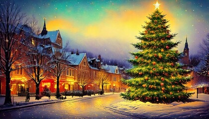 Christmas illustration with a Christmas tree in the middle of the city. Illustration, picture.