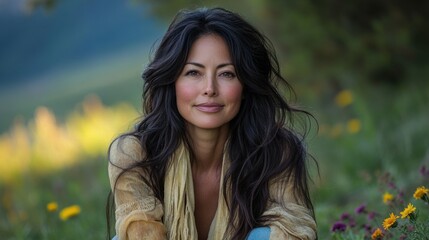 Fototapeta premium Relaxed Outdoor Goddess in Serene Mountain Landscape with Long Dark Hair