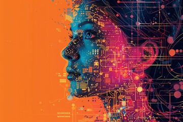 Woman's profile, face overlaid with colorful circuit board design, symbolizing AI, technology, and digital transformation against an orange background.