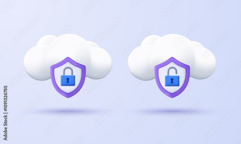 Aufkleber 3D secure cloud server icon. Cloud server with a padlock on the shield.  Lock and unlock. 3D design of Data Center and data protection. 3D concept of Cybersecurity technology, vector illustration.