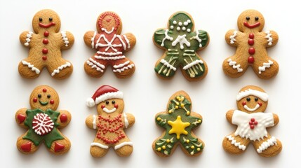 Obraz premium Festive assortment of decorated gingerbread cookies arranged in a colorful grid on a bright white background, showcasing holiday cheer and creativity.
