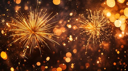 Fototapeta premium Glittering golden fireworks illuminating the black glowing bokeh dots floating gently in the scene
