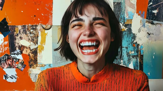 Composite collage of sad female bullying smiling laugh trolling working process billboard comics zine minimal Video