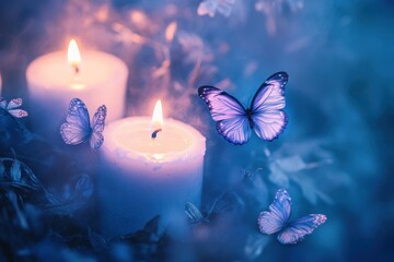 Blue candles with butterflies in a dreamy night setting
