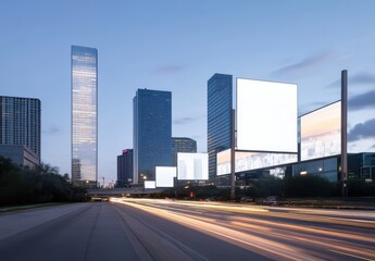 Obraz premium Urban Landscape at Dusk with Skyscrapers and Blank Billboards Illuminated by City Lights and Fast-Moving Traffic in a Modern Metropolis Environment