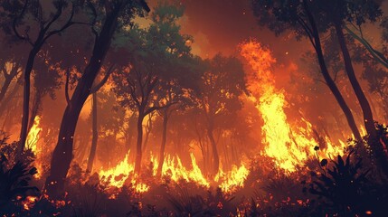 A fierce forest fire engulfs a dense woodland, with towering flames consuming trees and underbrush, creating a dramatic and perilous scene of destruction and chaos.
