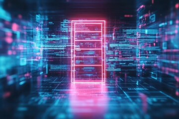 Obraz premium Cyber ladder, neonlit exit, holographic pathways, dark tech setting