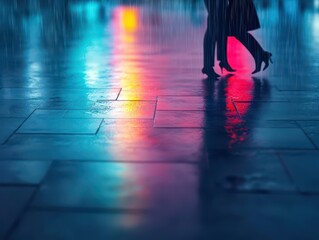 Fototapeta premium Couple dancing together in the rain, rainbow reflections on wet pavement, dynamic movement, 3D render