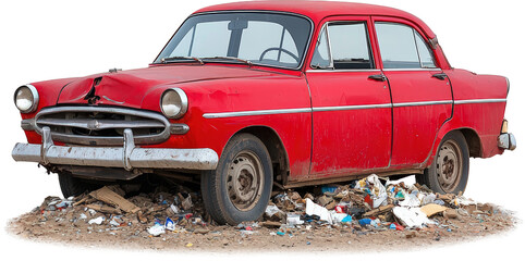 Vintage red car abandoned on trash heap
