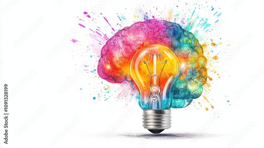 Poster brain filled with intricate light bulb motifs, vibrant watercolor splashes illuminating each detail