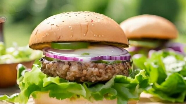 hamburger with green lettuce and onions 3D zoom effect 