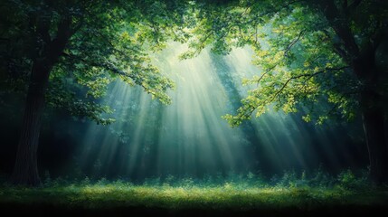 Obraz premium Ancient oak forest with dappled sunlight filtering through leaves, realistic painting, muted greens, serene and grounding