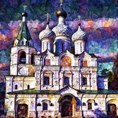 Elegant church with decorative domes and tower captured in vibrant watercolor style