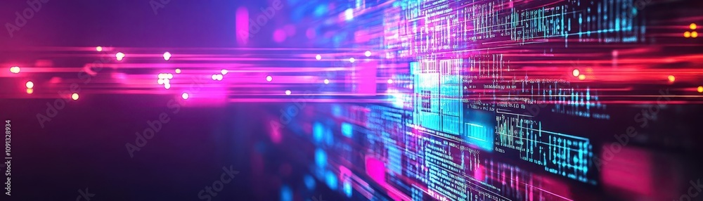 Poster AI algorithm visualized as glowing data streams intelligence innovation focus on tech interface vibrant Double exposure
