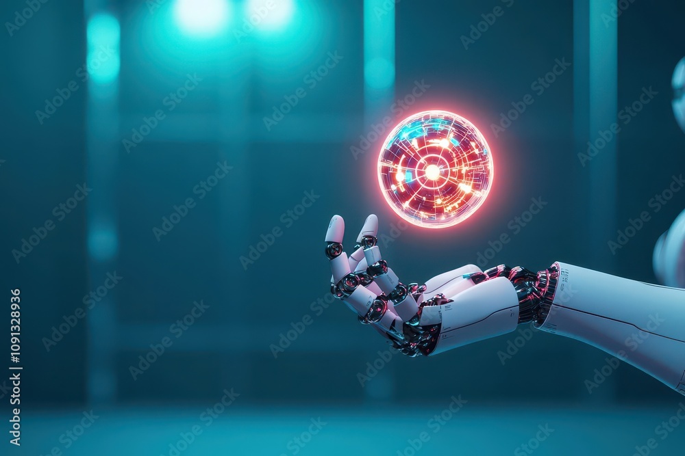 Aufkleber Advanced AI robot holding a glowing orb intelligence creativity copy space virtual world whimsical Blend mode