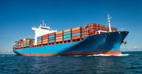 A large container ship navigating through the ocean under a clear blue sky, loaded with shipping containers, representing global trade, logistics, and maritime transportation.
