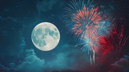 Obraz premium Red and blue fireworks exploding beside a supermoon, contrasting with the natural moonlight in a festive scene.