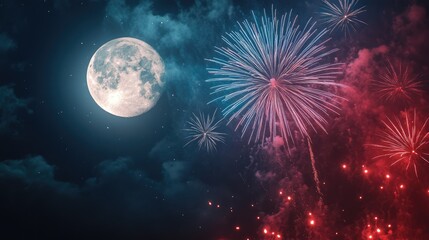 Fototapeta premium Red and blue fireworks exploding beside a supermoon, contrasting with the natural moonlight in a festive scene.