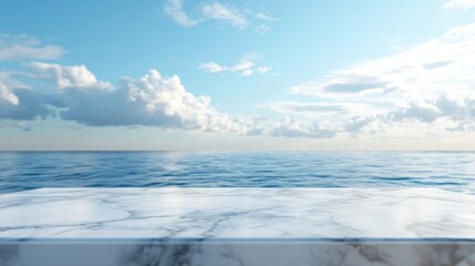 Obraz premium White marble table top against a serene ocean view with a bright blue sky and fluffy clouds, perfect for product displays and presentations.